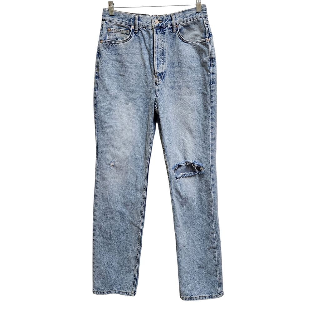 We The Free People Womens 30 Blue Denim Button Fly Straight Jeans Grunge Ripped
